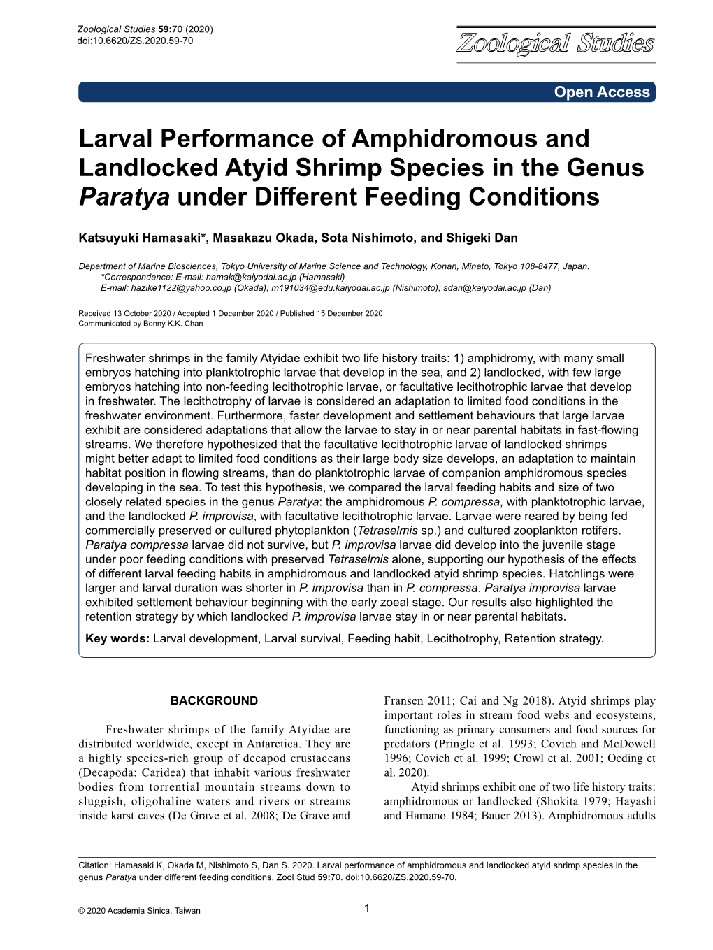 Larval Performance of Amphidromous and Landlocked Atyid Shrimp Species in the Genus Paratya Under Different Feeding Conditions
