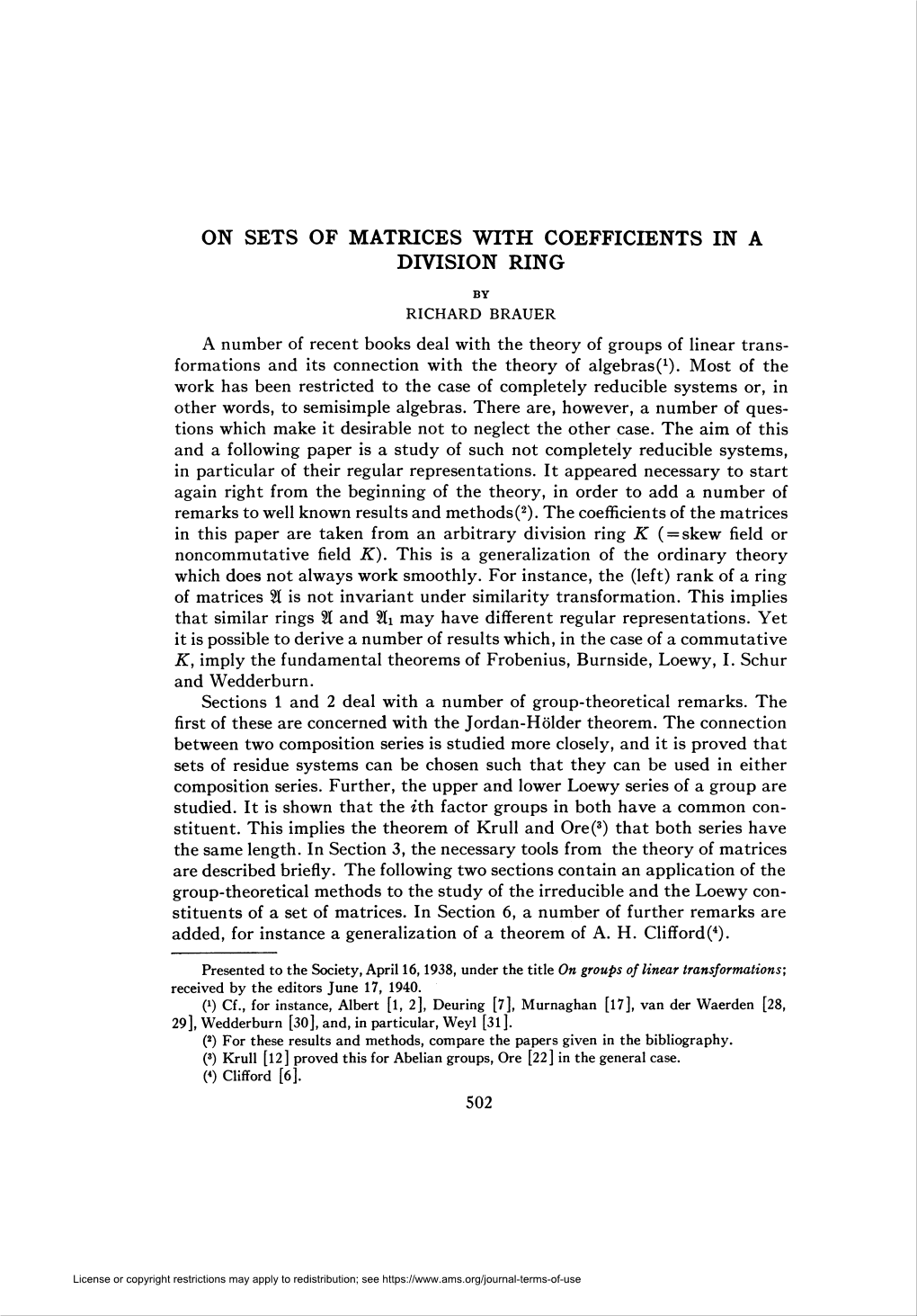 On Sets of Matrices with Coefficients in a Division Ring