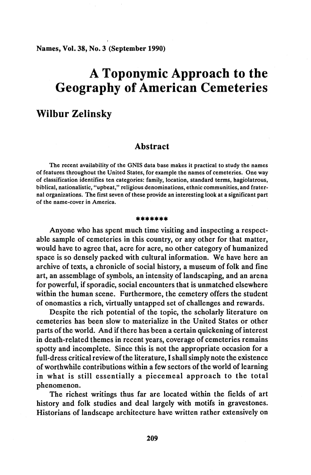 A Toponymic Approach to the Geography of American Cemeteries