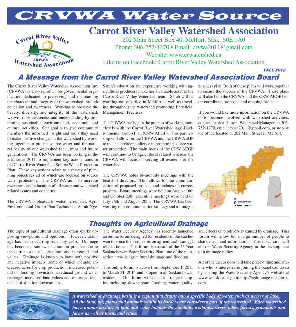 WATER FACT CRVWA Water Source Watershed Presentations the CRVWA Has Developed a Presentation That Is Aimed to Increase Participation in Environmental Stewardship