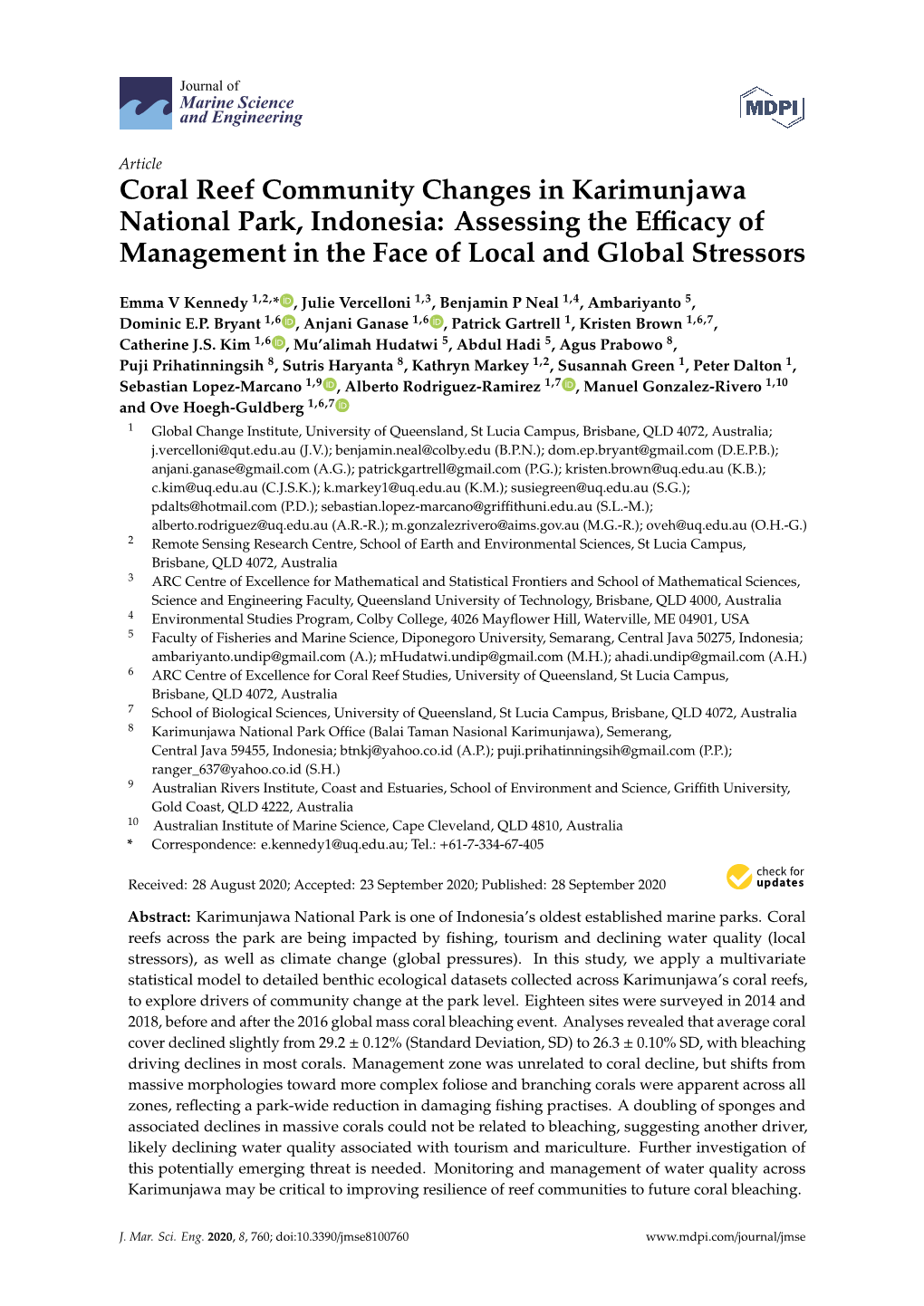 Coral Reef Community Changes in Karimunjawa National Park, Indonesia: Assessing the Eﬃcacy of Management in the Face of Local and Global Stressors