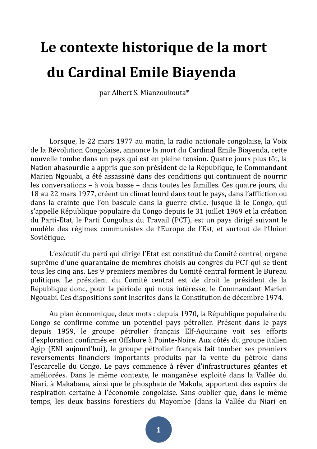 Le Contexte Historique De La Mort Du Cardinal Emile Biayenda