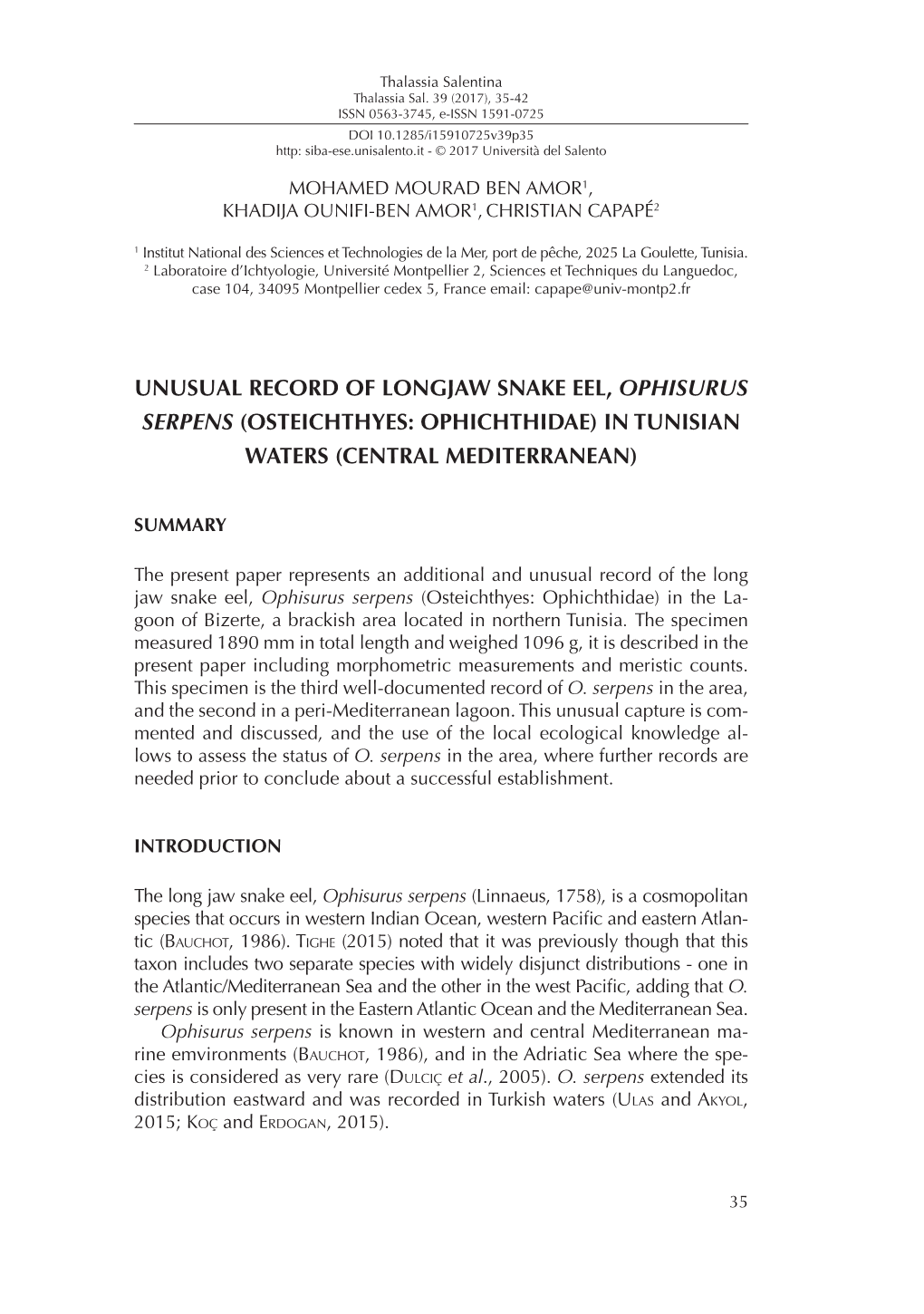 Unusual Record of Longjaw Snake Eel, Ophisurus Serpens (Osteichthyes: Ophichthidae) in Tunisian Waters (Central Mediterranean)