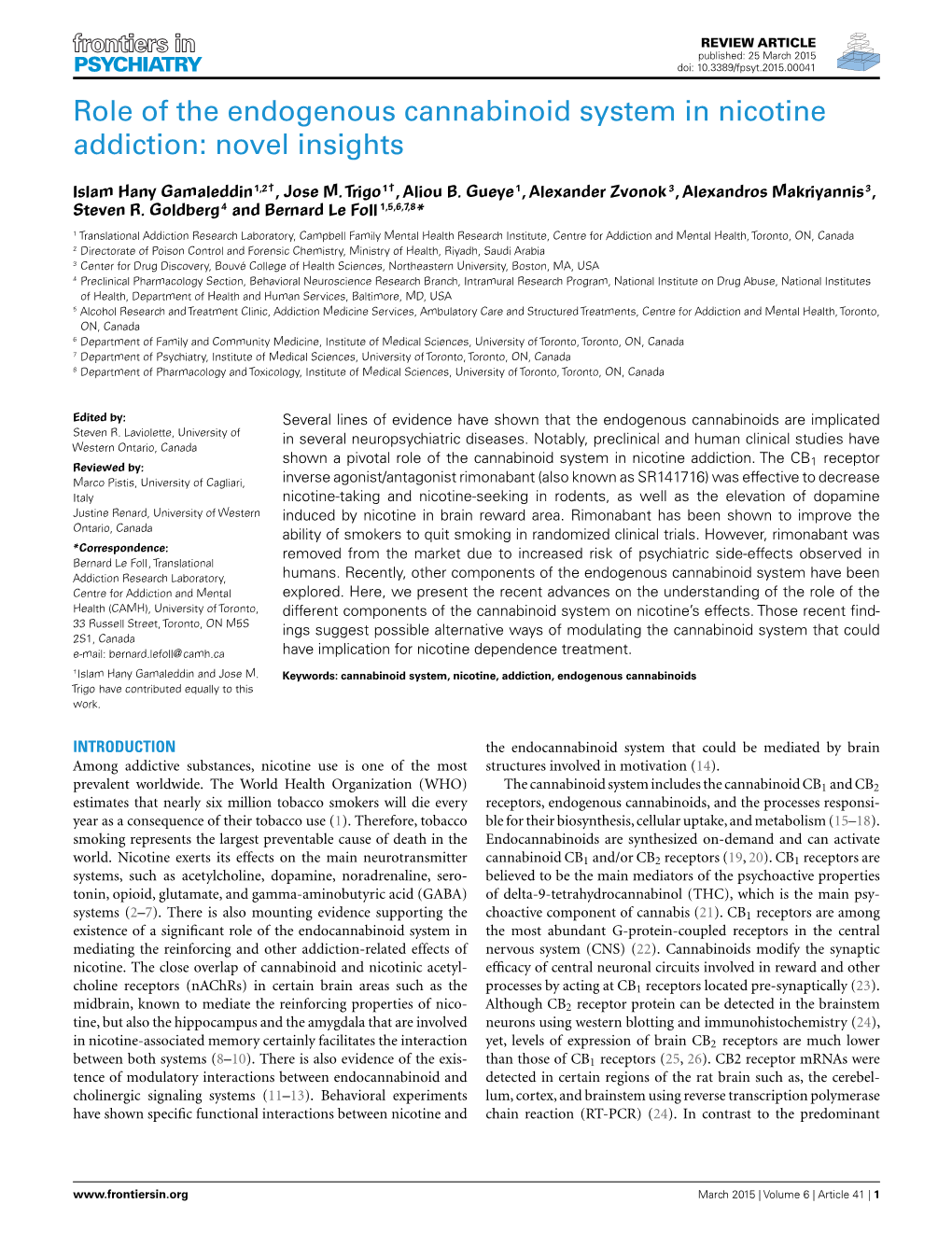 Role of the Endogenous Cannabinoid System in Nicotine Addiction: Novel Insights