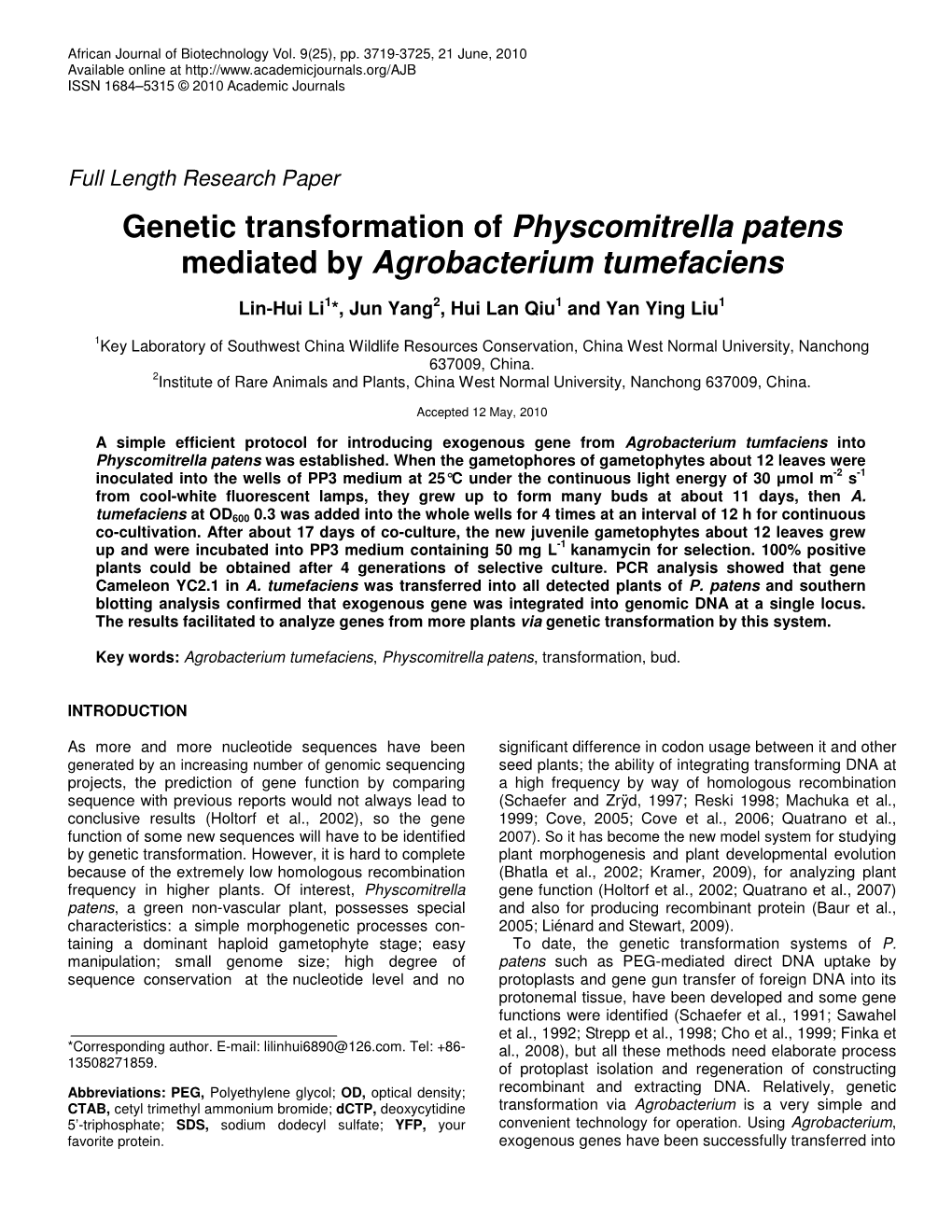 Genetic Transformation of Physcomitrella Patens Mediated by Agrobacterium Tumefaciens