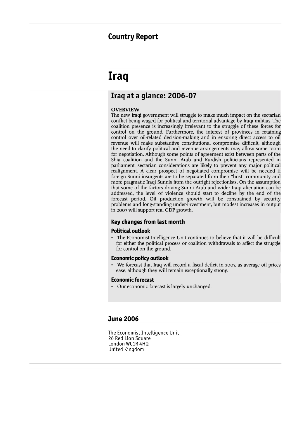 Country Report Iraq at a Glance: 2006-07