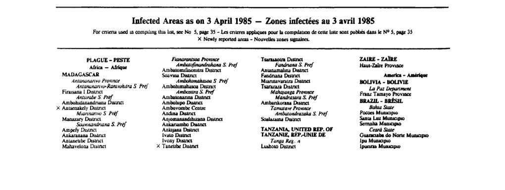 Infected Areas As on 3 April 1985 — Zones Infectées Au 3 Avril 1985