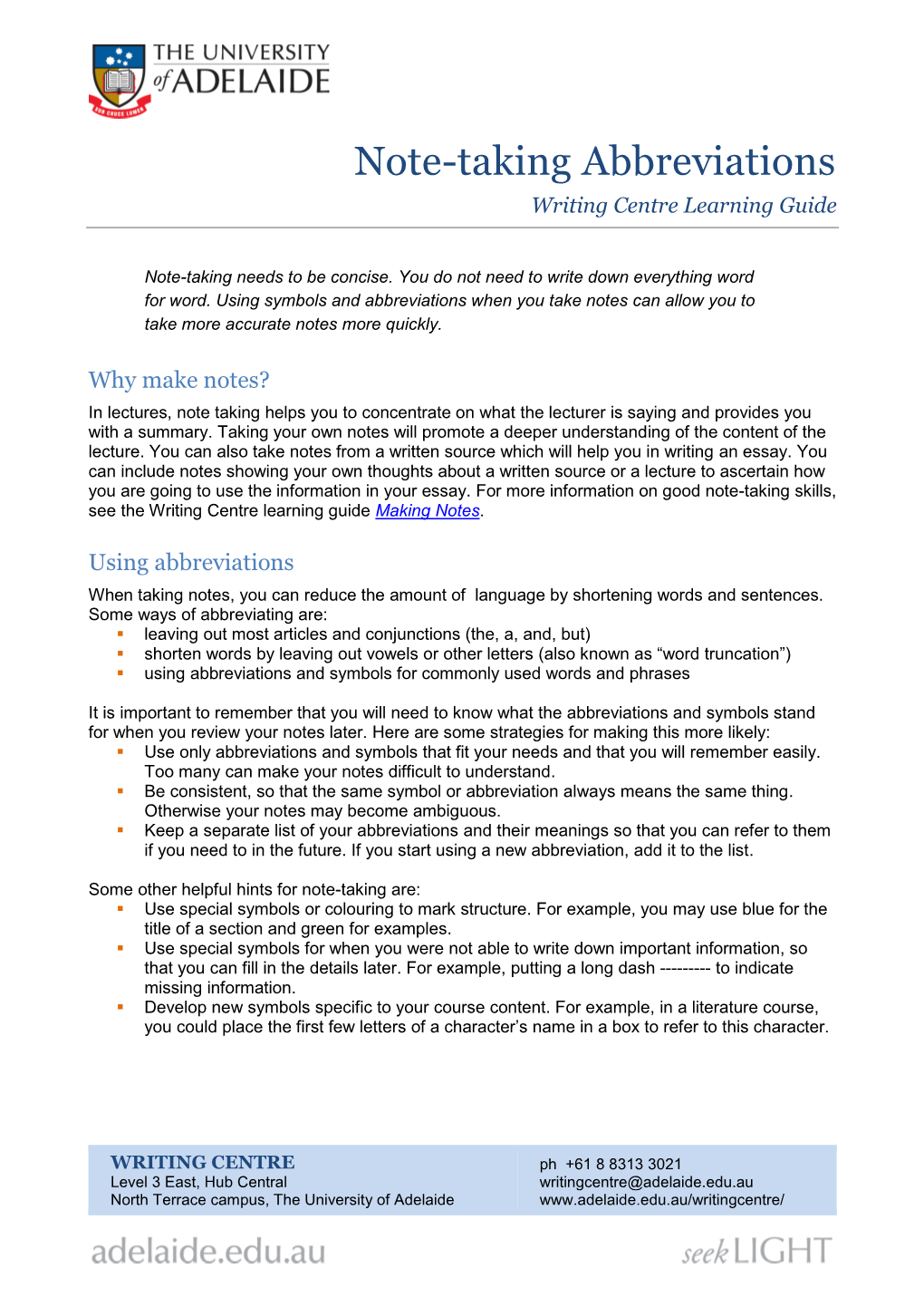 Note-Taking Abbreviations Writing Centre Learning Guide