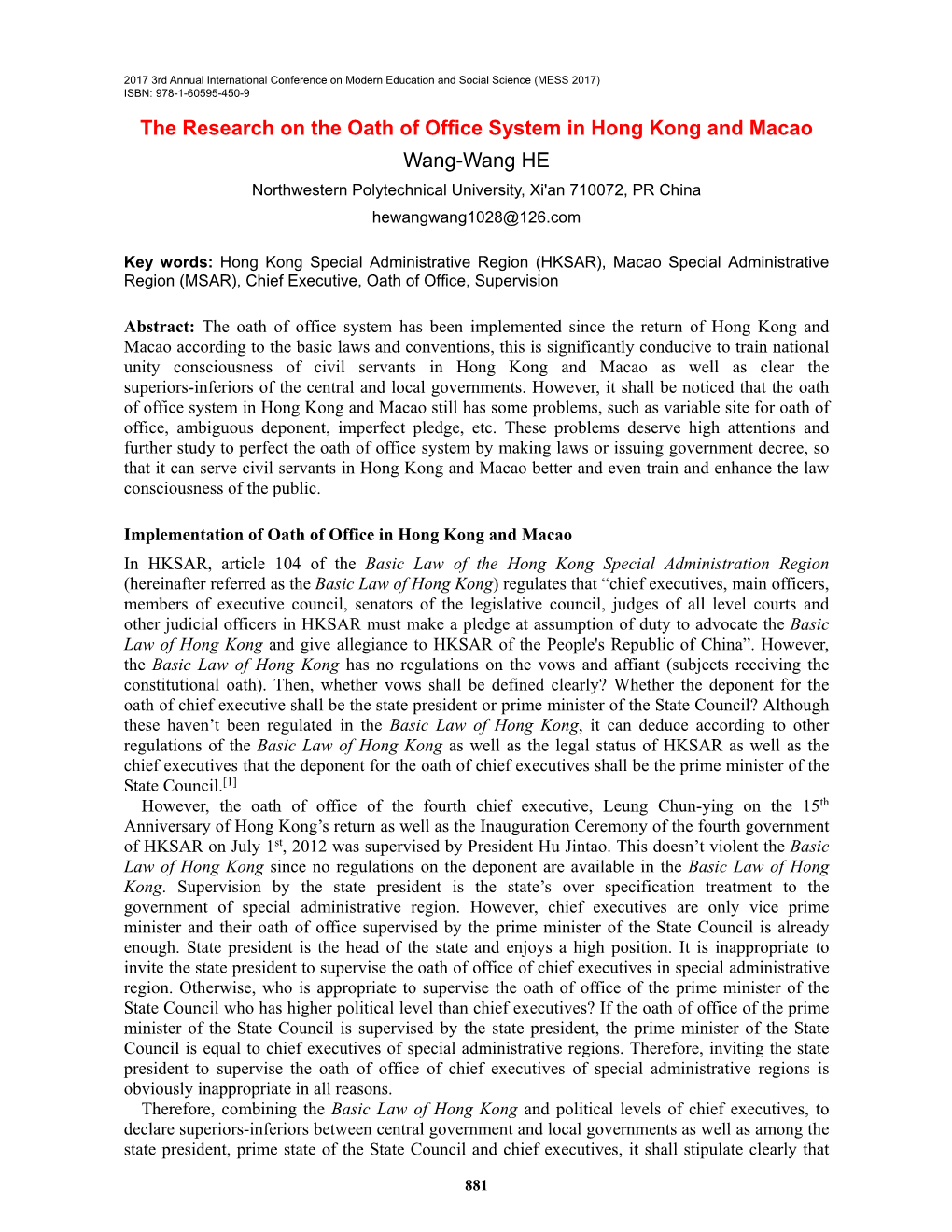 The Research on the Oath of Office System in Hong Kong and Macao Wang-Wang HE Northwestern Polytechnical University, Xi'an 710072, PR China Hewangwang1028@126.Com