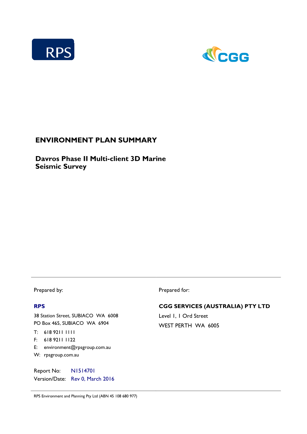 Environment Plan Summary Davros Phase II Multi-Client 3D Marine Seismic Survey