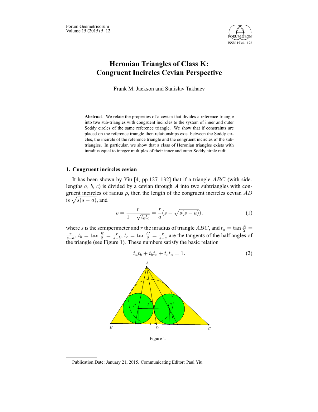 Heronian Triangles of Class K: Congruent Incircles Cevian Perspective