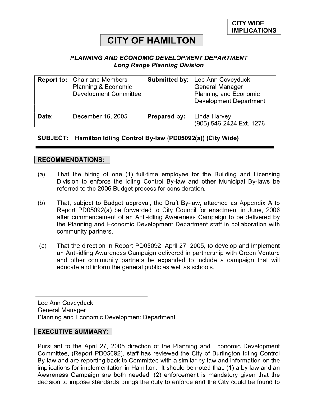 Hamilton Idling Control By-Law (PD05092(A)) (City Wide)