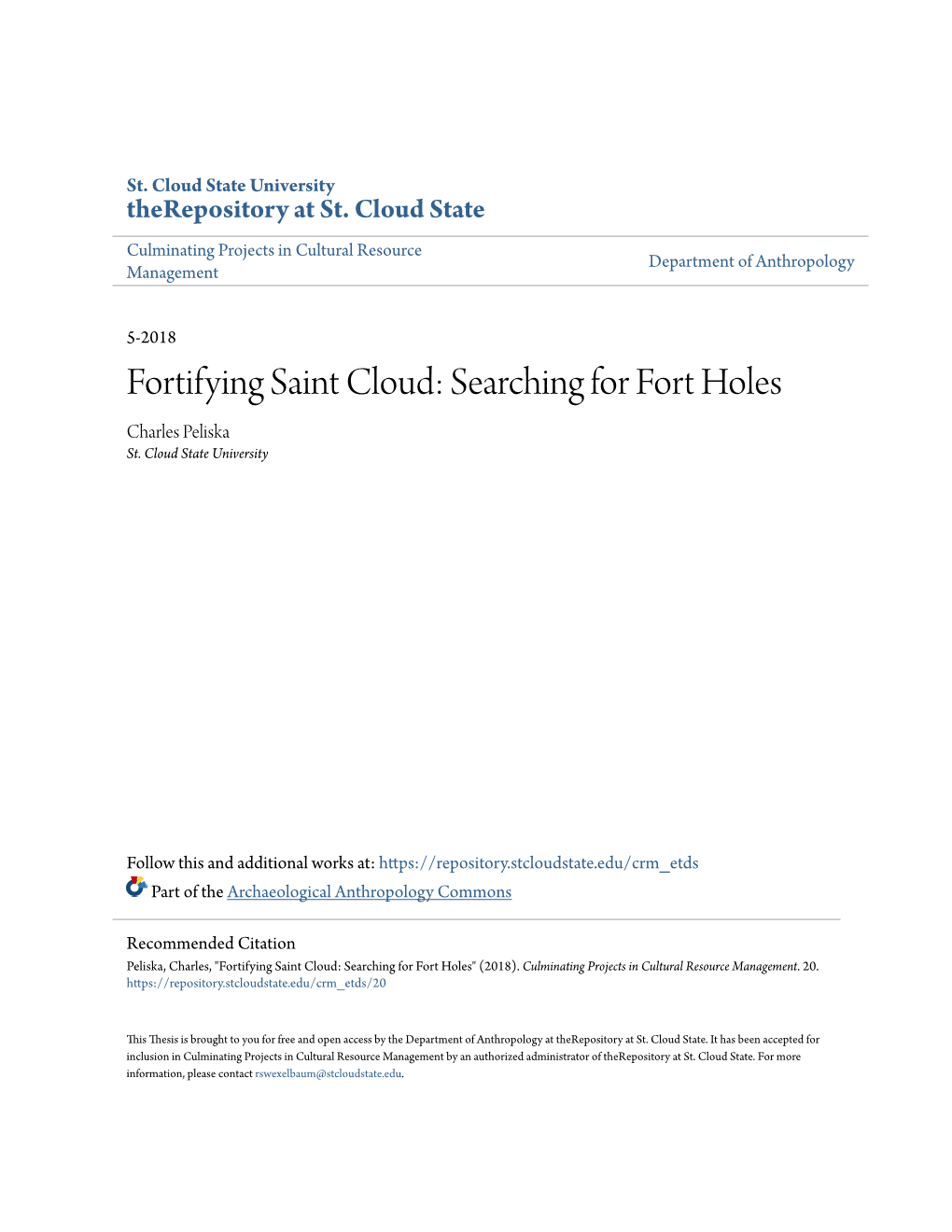 Fortifying Saint Cloud: Searching for Fort Holes Charles Peliska St