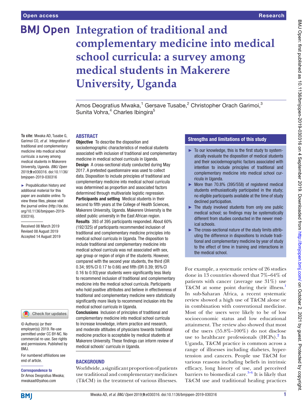 Integration of Traditional and Complementary Medicine Into Medical School Curricula: a Survey Among Medical Students in Makerere University, Uganda