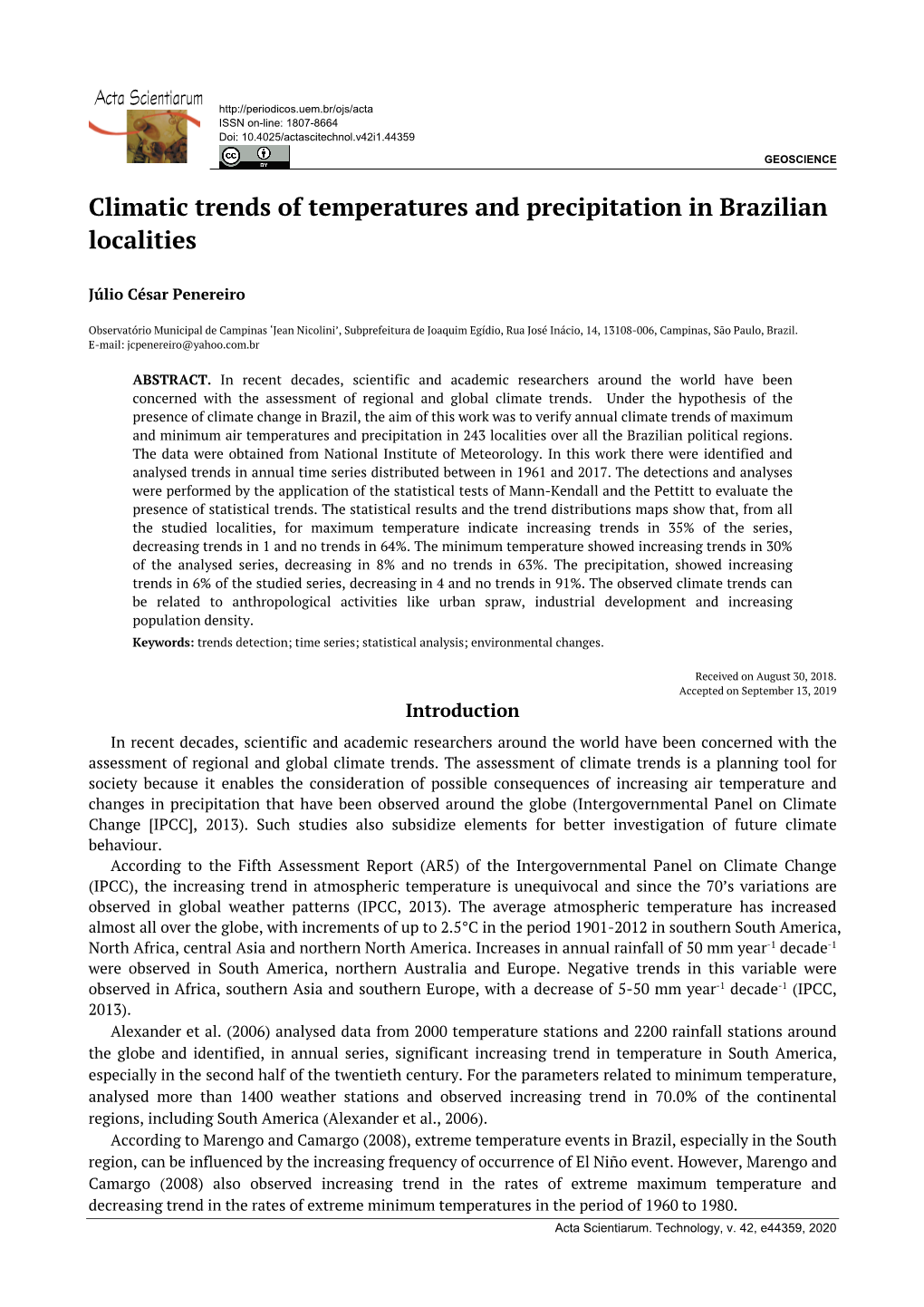 Climatic Trends of Temperatures and Precipitation in Brazilian Localities