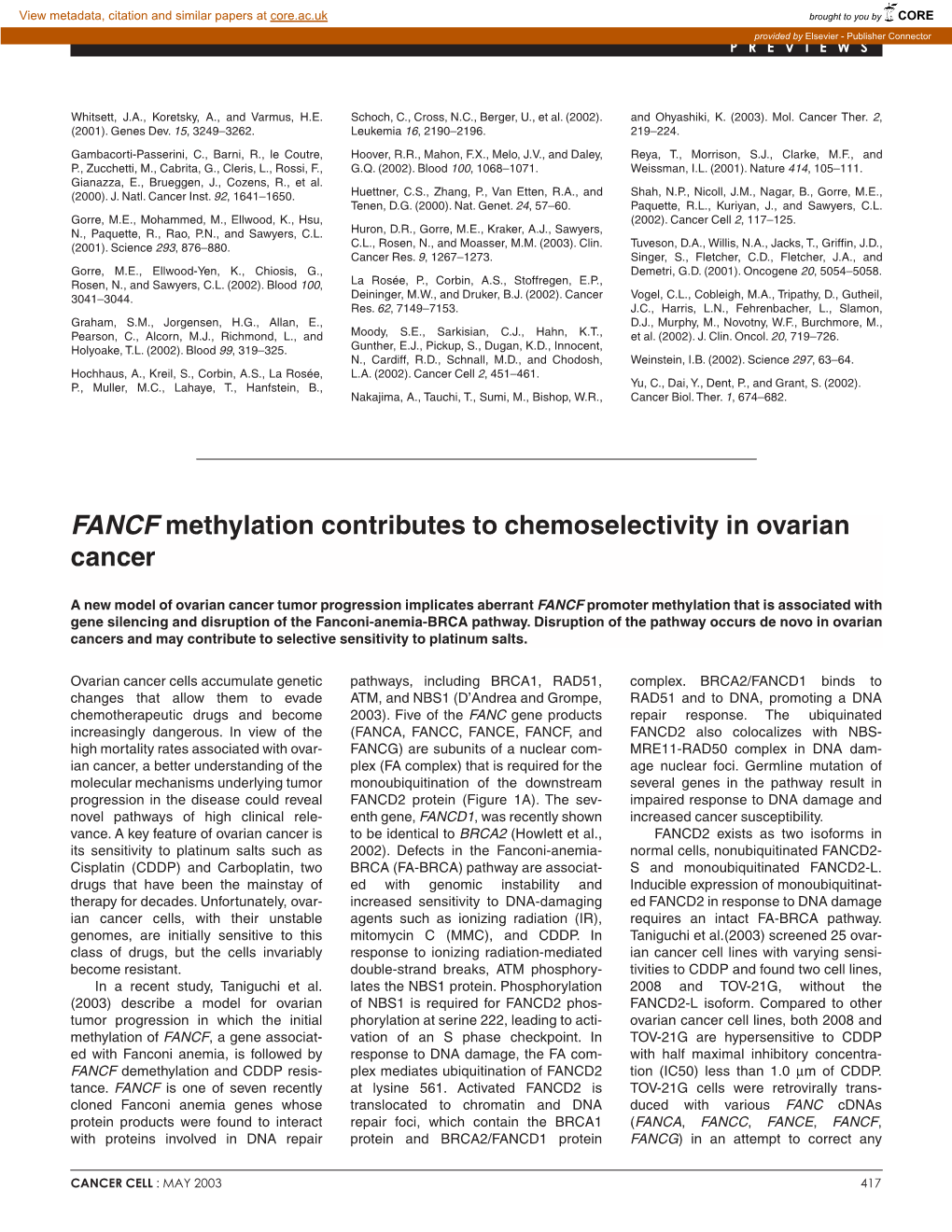 FANCF Methylation Contributes to Chemoselectivity in Ovarian Cancer