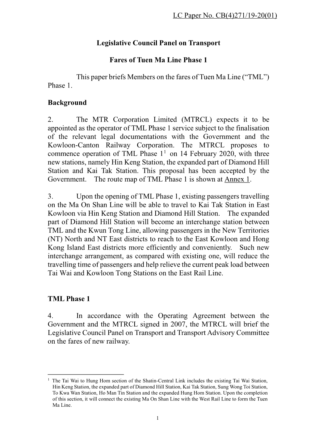 Paper on Fares of Tuen Ma Line Phase 1 Provided by MTR Corporation
