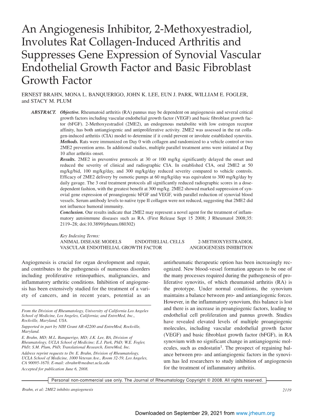 An Angiogenesis Inhibitor, 2-Methoxyestradiol, Involutes Rat Collagen-Induced Arthritis and Suppresses Gene Expression of Synovi