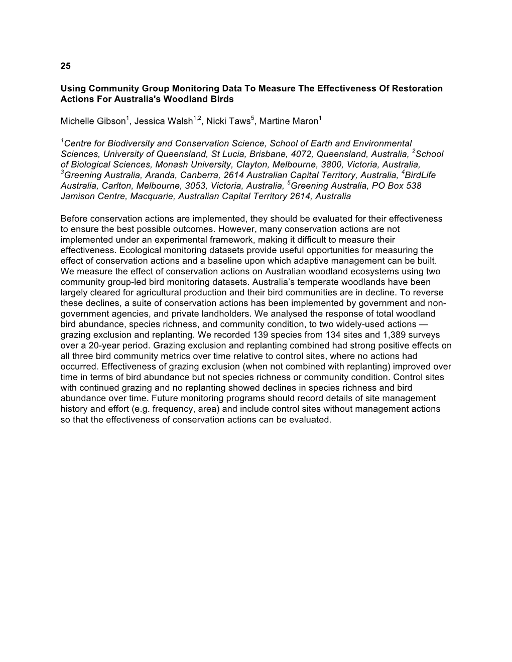 Using Community Group Monitoring Data to Measure the Effectiveness of Restoration Actions for Australia's Woodland Birds