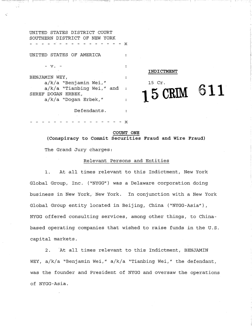 Download US V. Benjamin Wey and Seref Dogan Erbek Indictment.Pdf