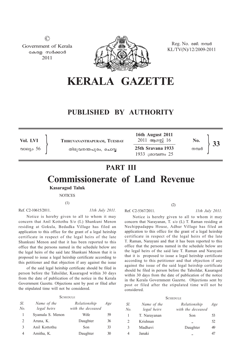 Kerala Gazette Published by Authority