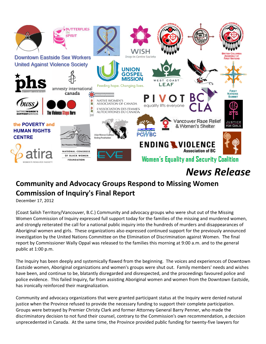 News Release Community and Advocacy Groups Respond to Missing Women Commission of Inquiry's Final Report December 17, 2012