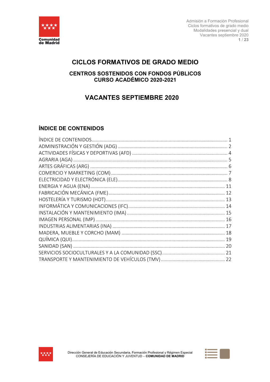 Ciclos Formativos De Grado Medio Modalidades Presencial Y Dual Vacantes Septiembre 2020 1 / 23