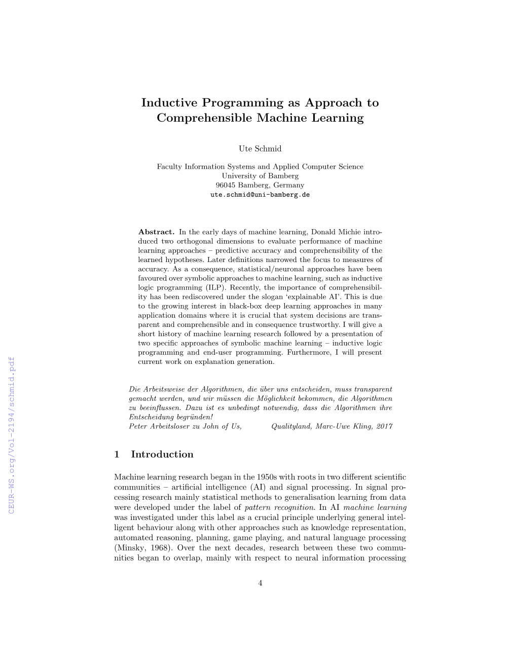 Inductive Programming As Approach to Comprehensible Machine Learning