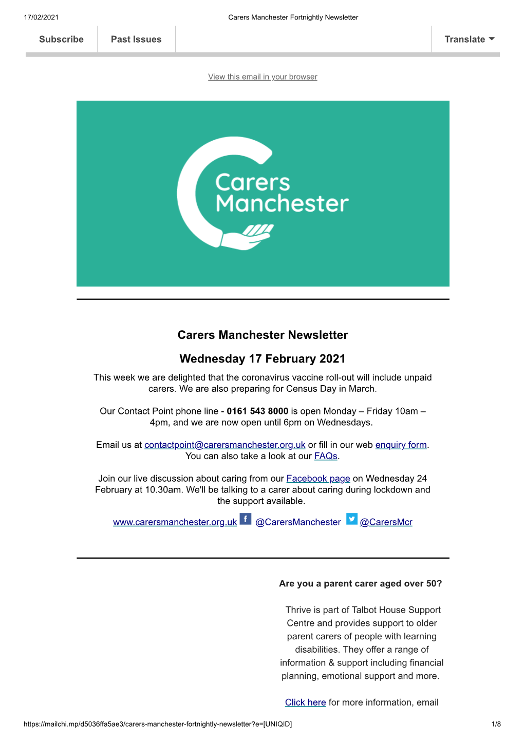 Carers Manchester Newsletter Wednesday 17 February 2021