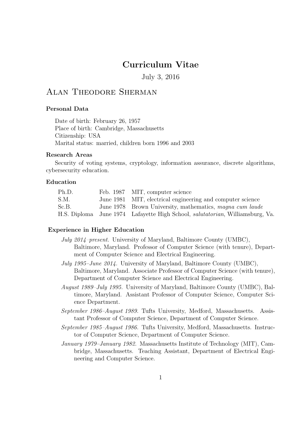 Curriculum Vitae Alan Theodore Sherman