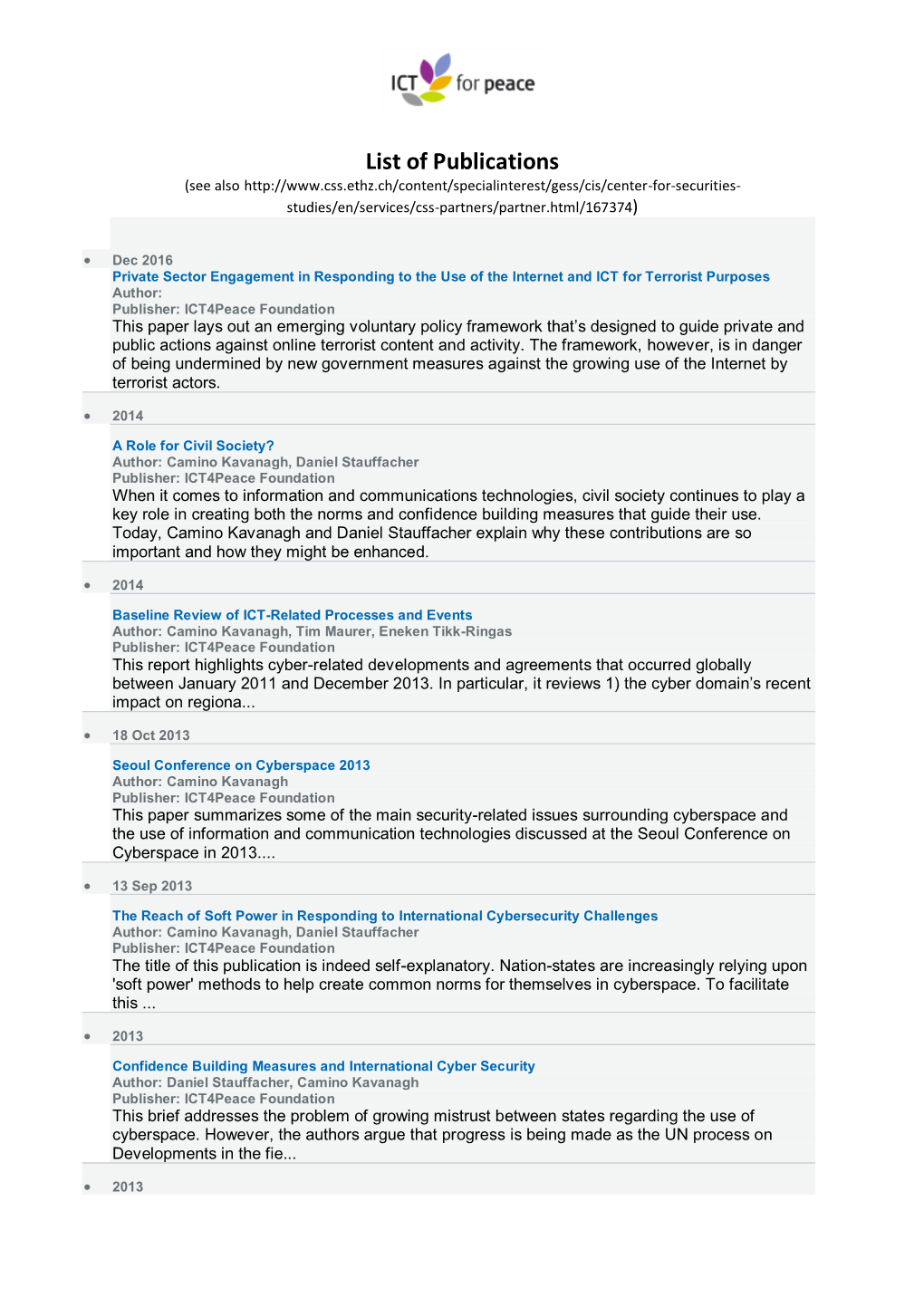 List of Publications (See Also Studies/En/Services/Css-Partners/Partner.Html/167374)