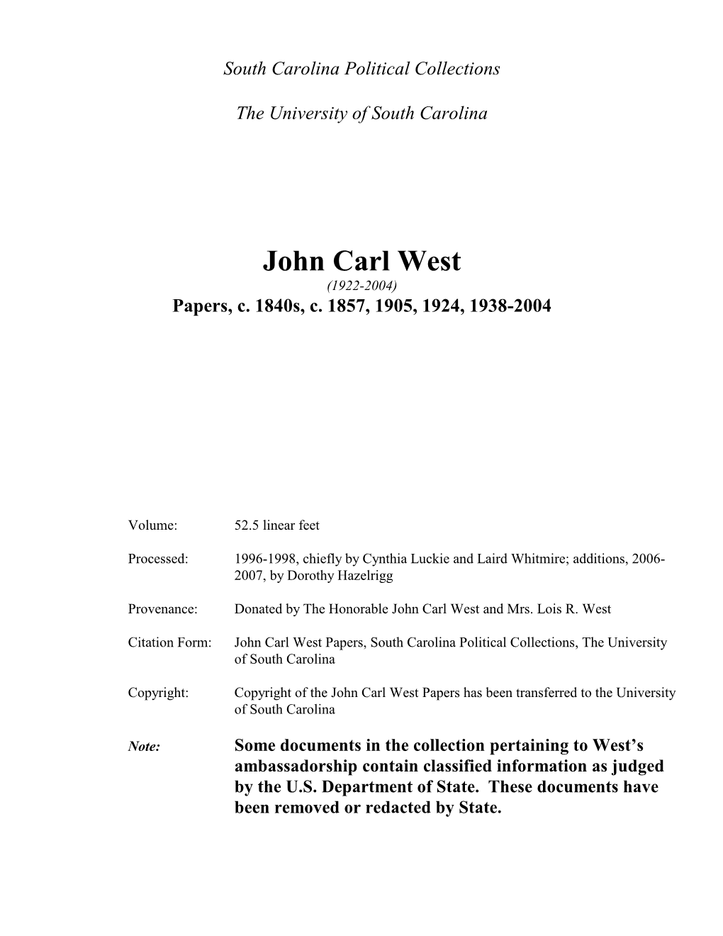 John Carl West (1922-2004) Papers, C