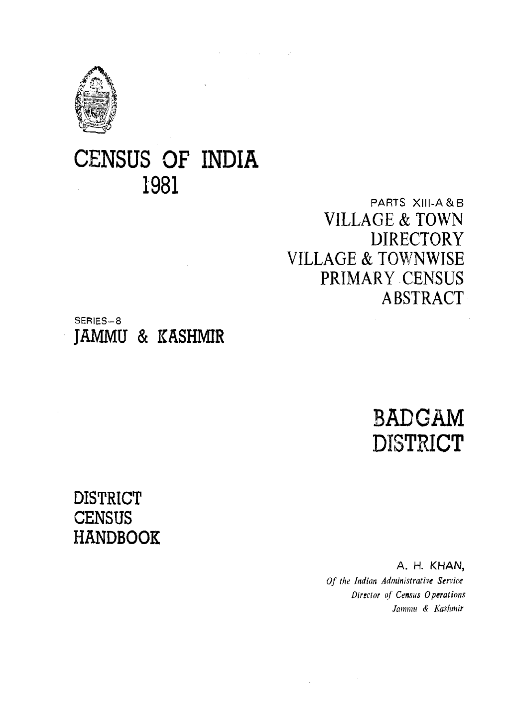 District Census Handbook, Badgam, Part XIII a & B, Series-8