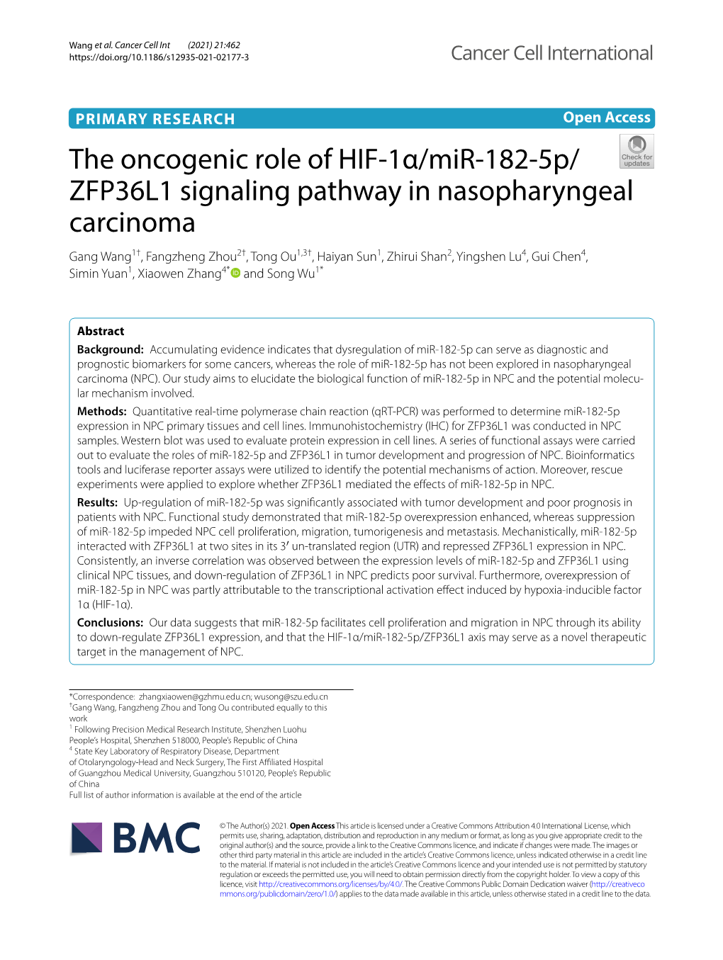 The Oncogenic Role of HIF-1Α/Mir-182-5P/ZFP36L1