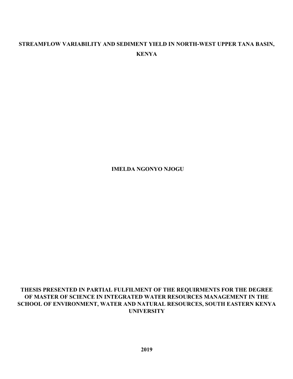 Streamflow Variability and Sediment Yield in North-West Upper Tana Basin, Kenya