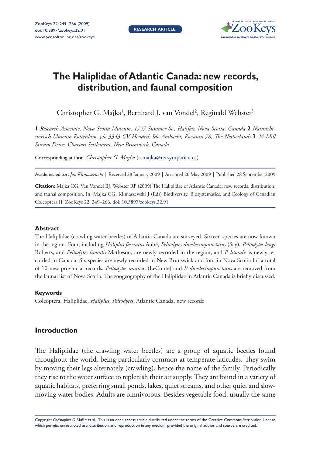 The Haliplidae of Atlantic Canada: New Records, Distribution, and Faunal Composition