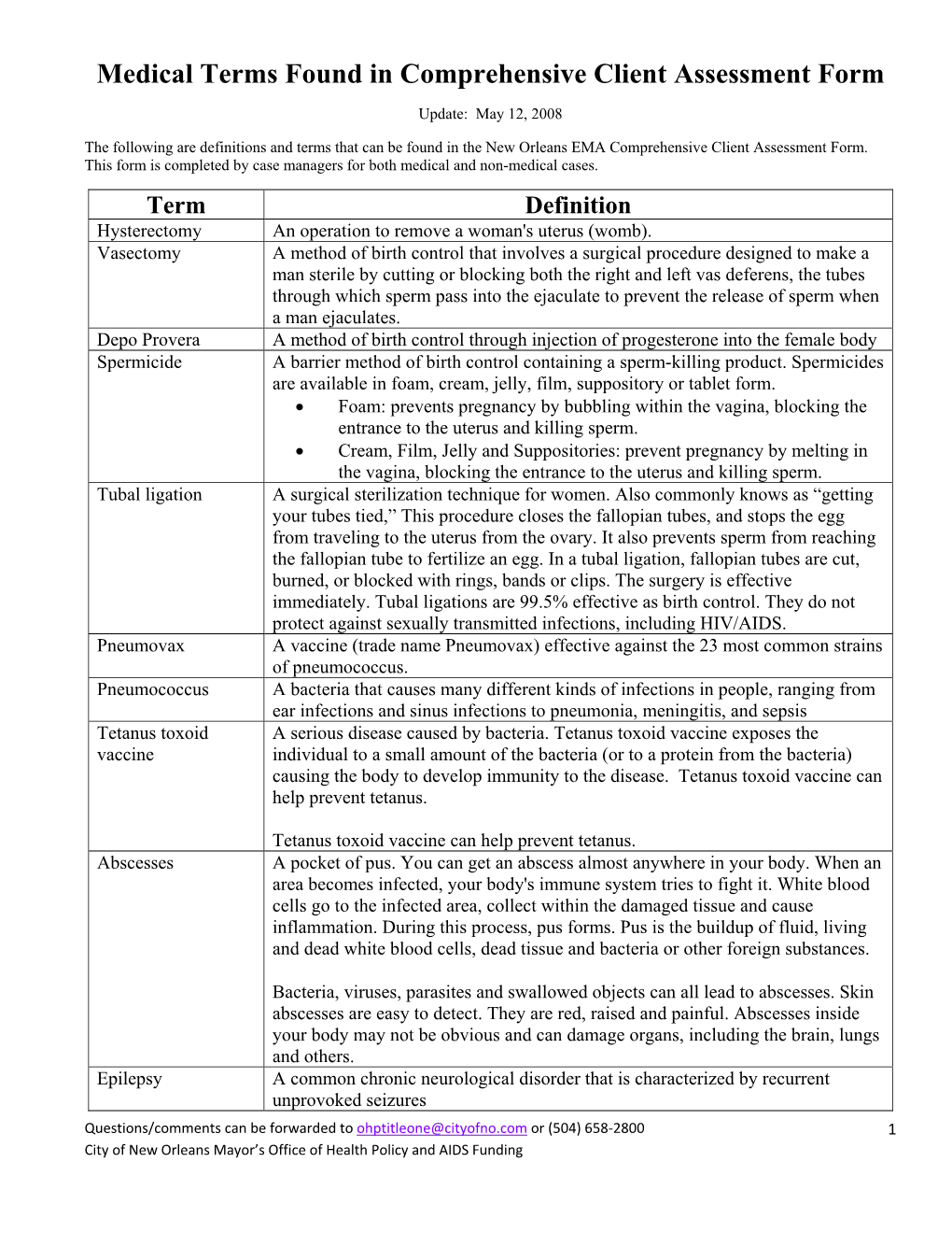 Medical Terms in Comprehensive Client Assessment Form