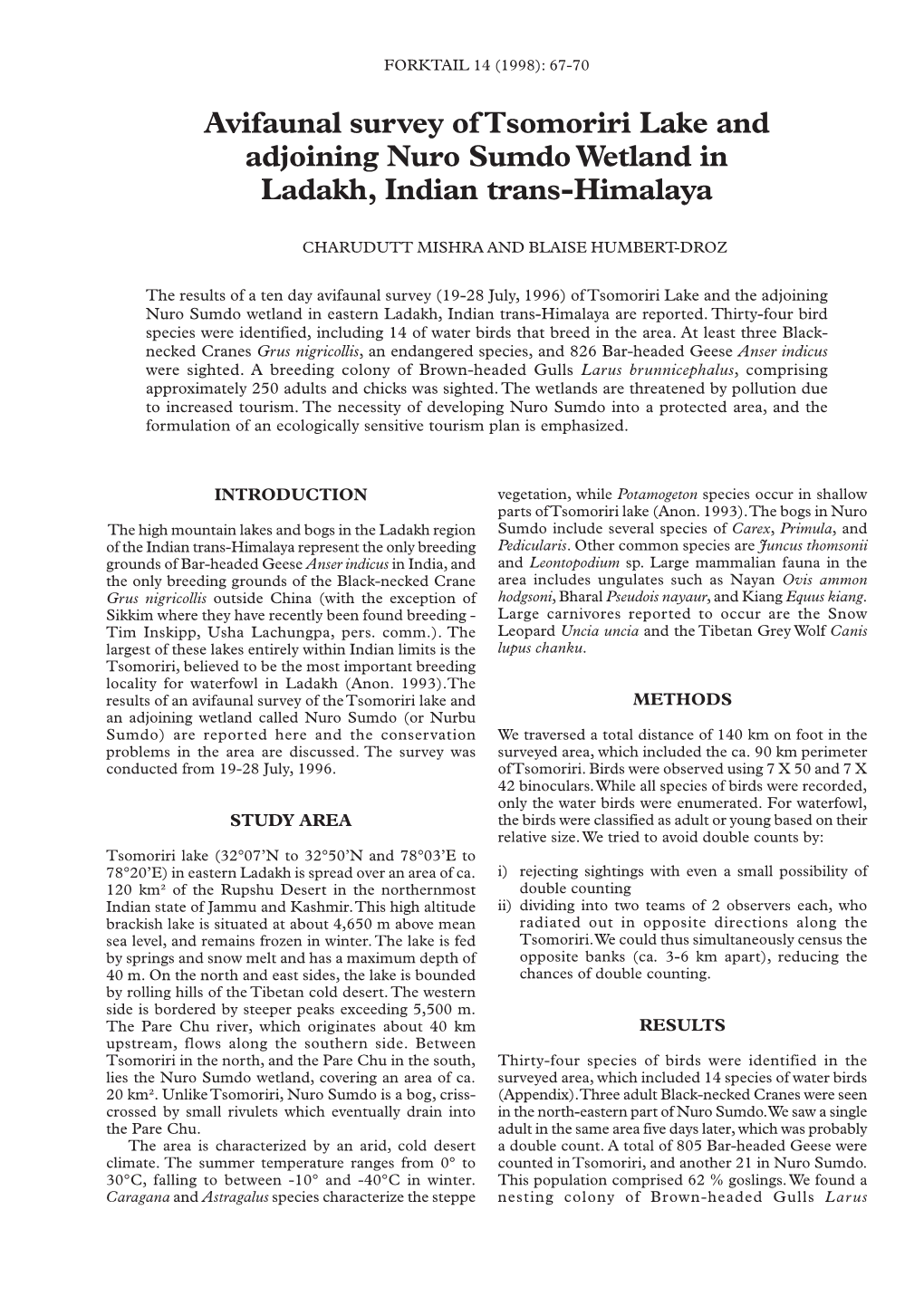 Avifaunal Survey of Tsomoriri Lake and Adjoining Nuro Sumdo Wetland in Ladakh, Indian Trans-Himalaya