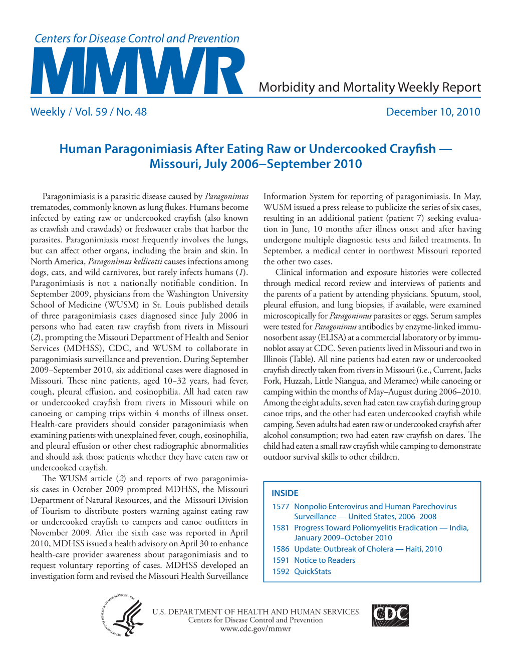 Morbidity and Mortality Weekly Report Human Paragonimiasis After