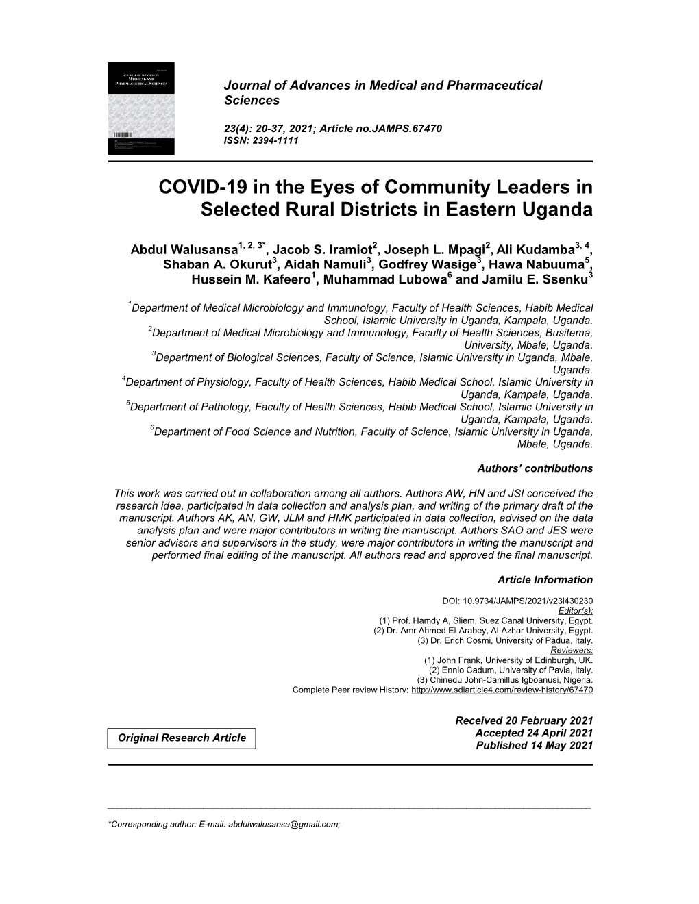 COVID-19 in the Eyes of Community Leaders in Selected Rural Districts in Eastern Uganda