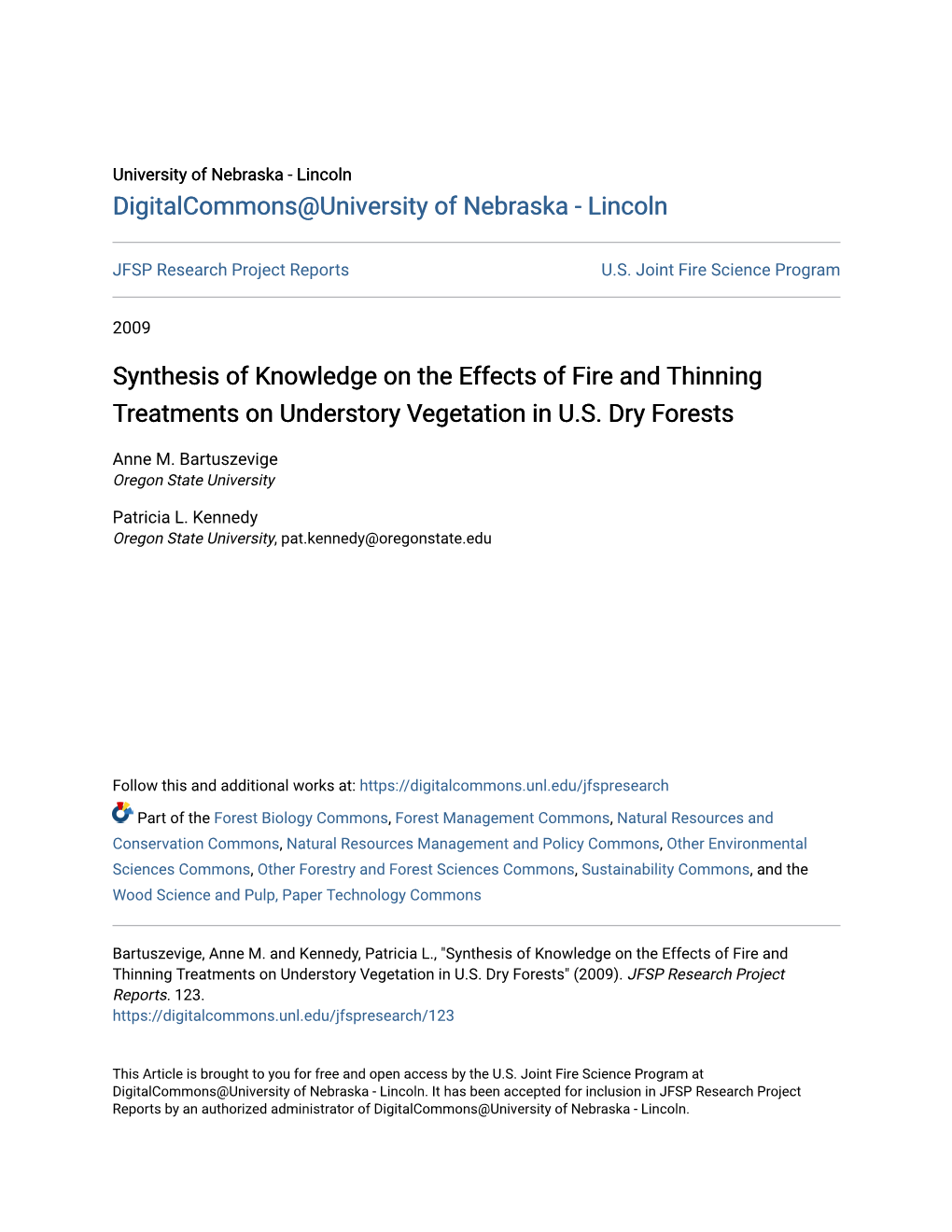 Synthesis of Knowledge on the Effects of Fire and Thinning Treatments on Understory Vegetation in U.S