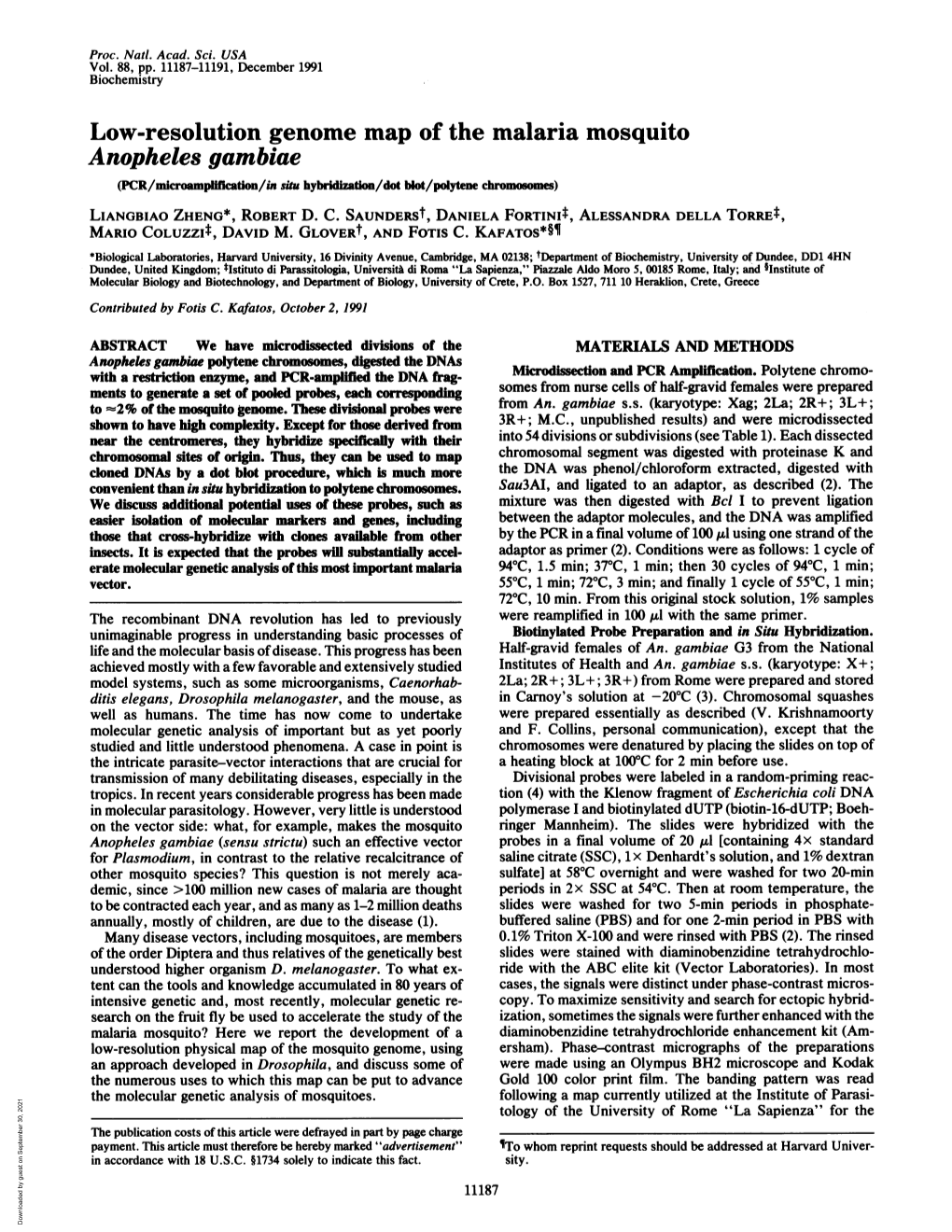 Low-Resolution Genome Map of the Malaria Mosquito Anopheles Gambiae