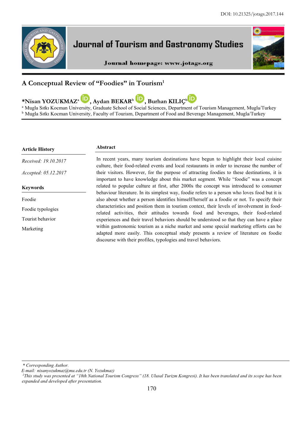 A Conceptual Review of “Foodies” in Tourism1