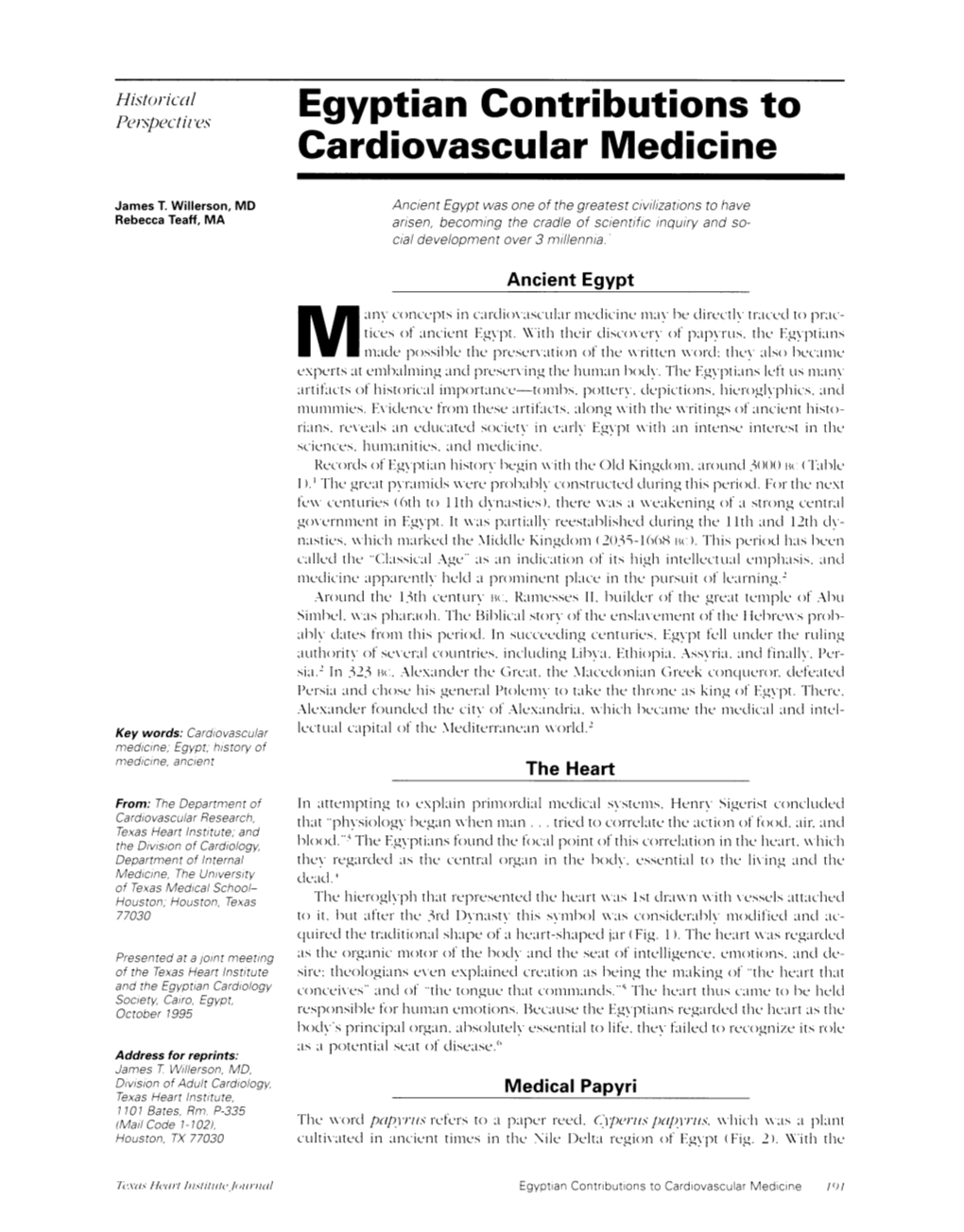 Egyptian Contributions to Cardiovascular Medicine 191 TABLE 1