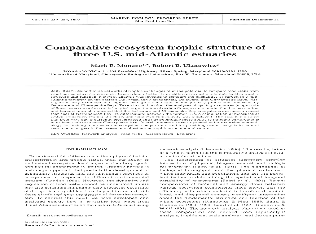 Comparative Ecosystem Trophic Structure of Three U S . Mid-Atlantic