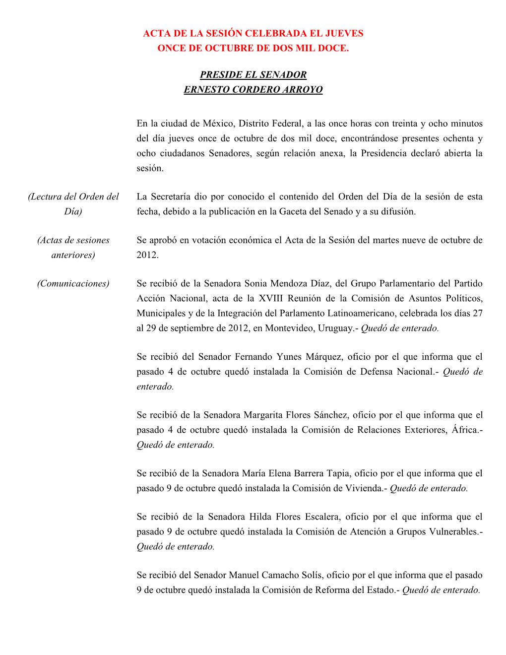 Acta De La Sesión Celebrada El Jueves Once De Octubre De Dos Mil Doce