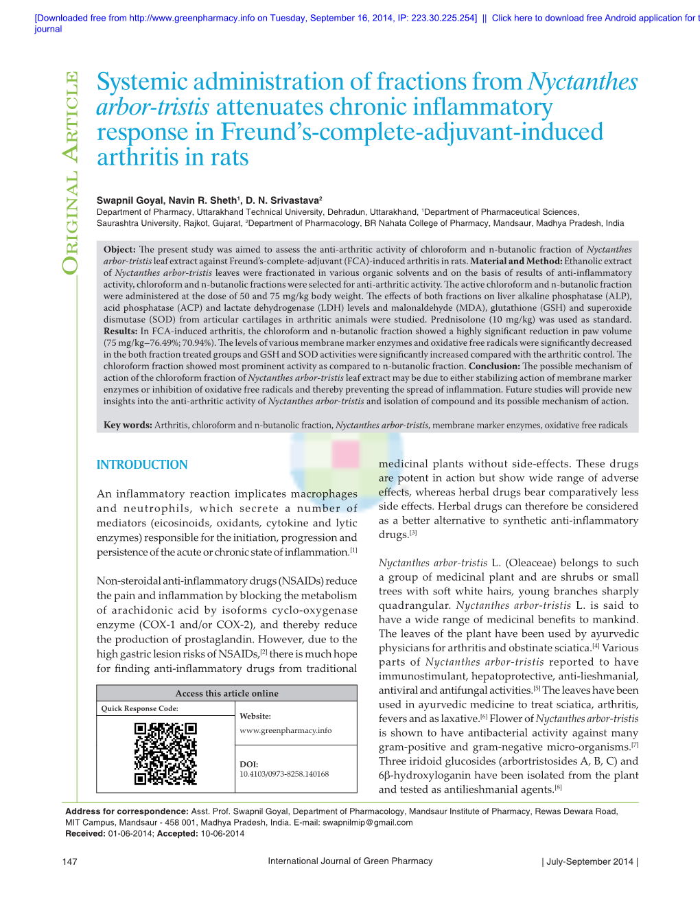 Systemic Administration of Fractions from Nyctanthes Arbor‑Tristis Attenuates Chronic Inflammatory