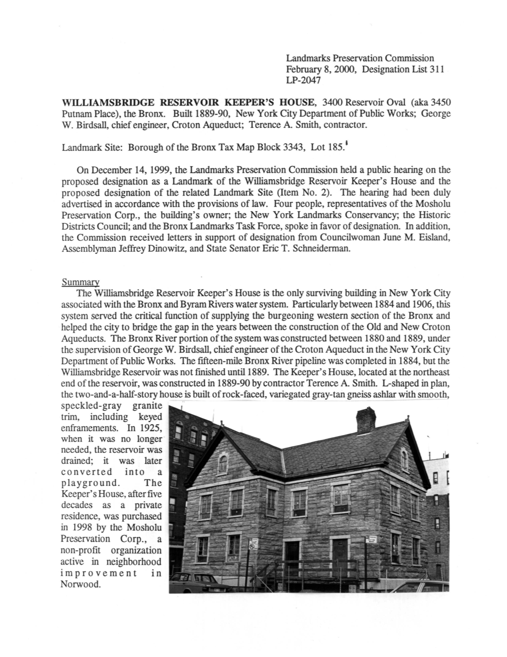 WILLIAMSBRIDGE RESERVOIR KEEPER's HOUSE, 3400 Reservoir Oval (Aka 3450 Putnam Place), the Bronx