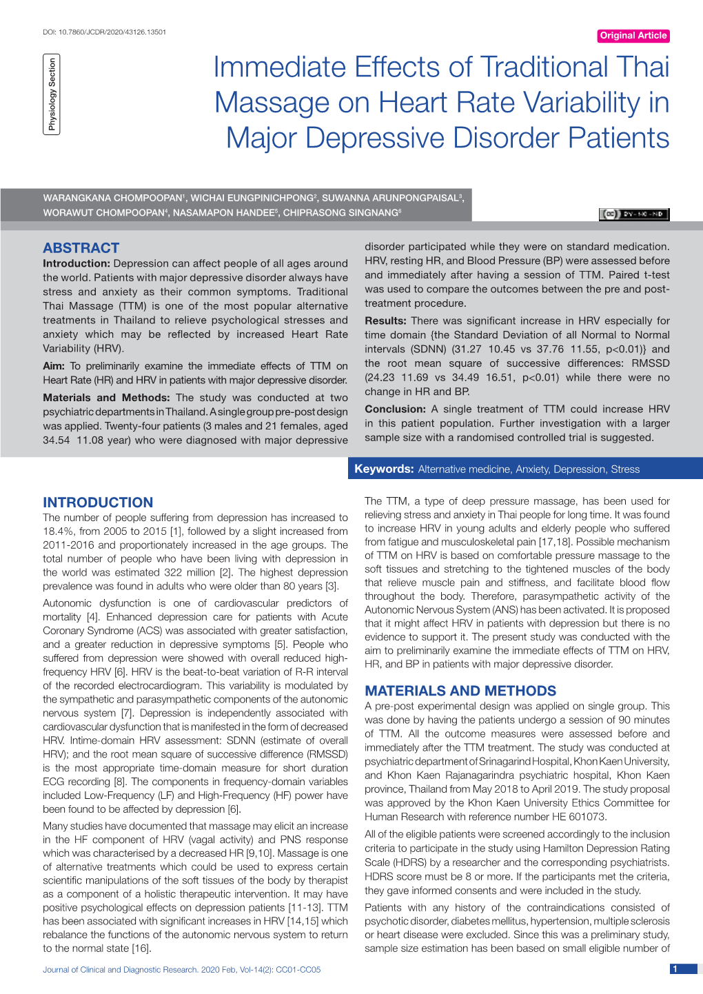 Immediate Effects of Traditional Thai Massage on Heart Rate Variability in Physiology Section Physiology Major Depressive Disorder Patients