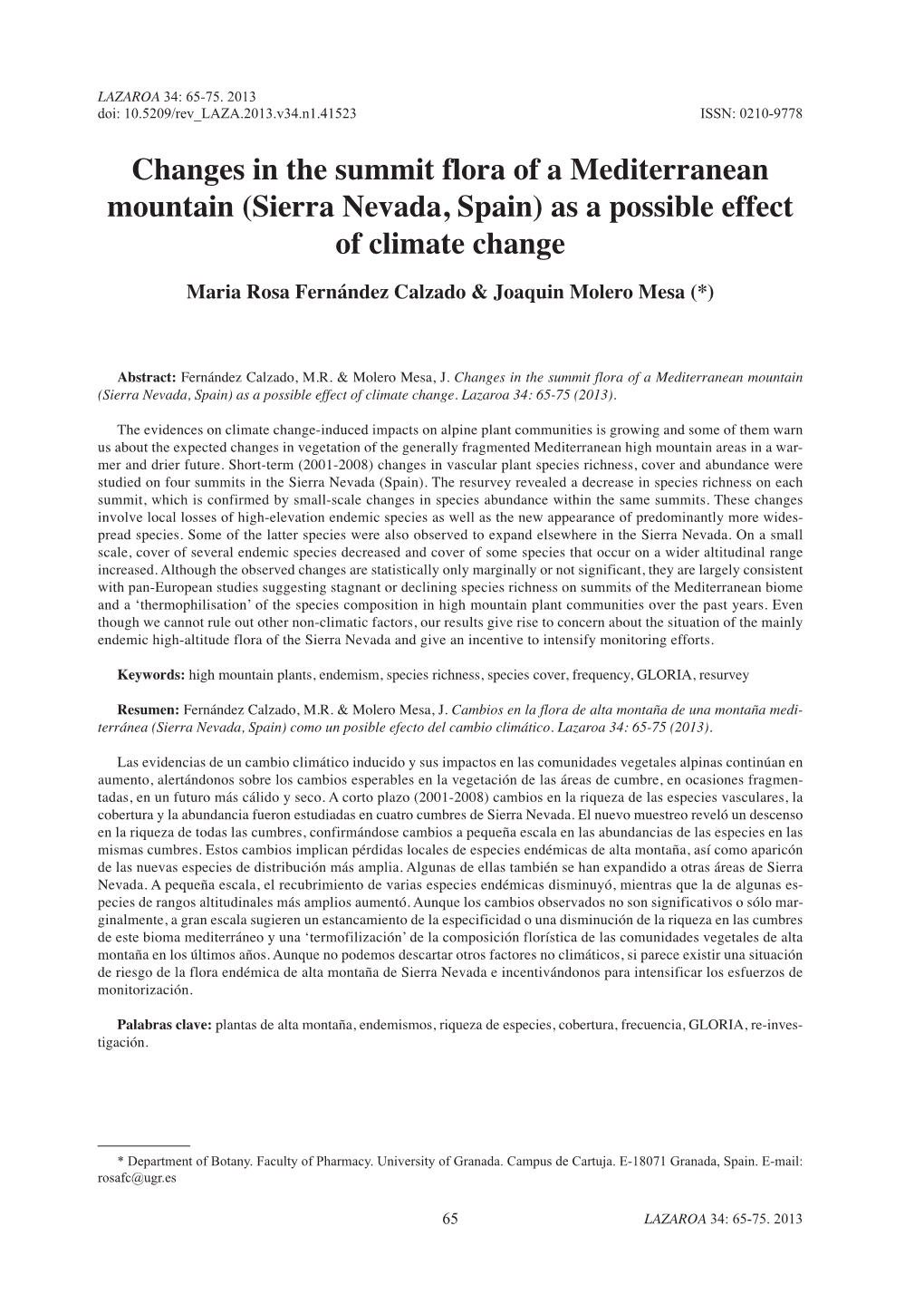 Changes in the Summit Flora of a Mediterranean Mountain (Sierra